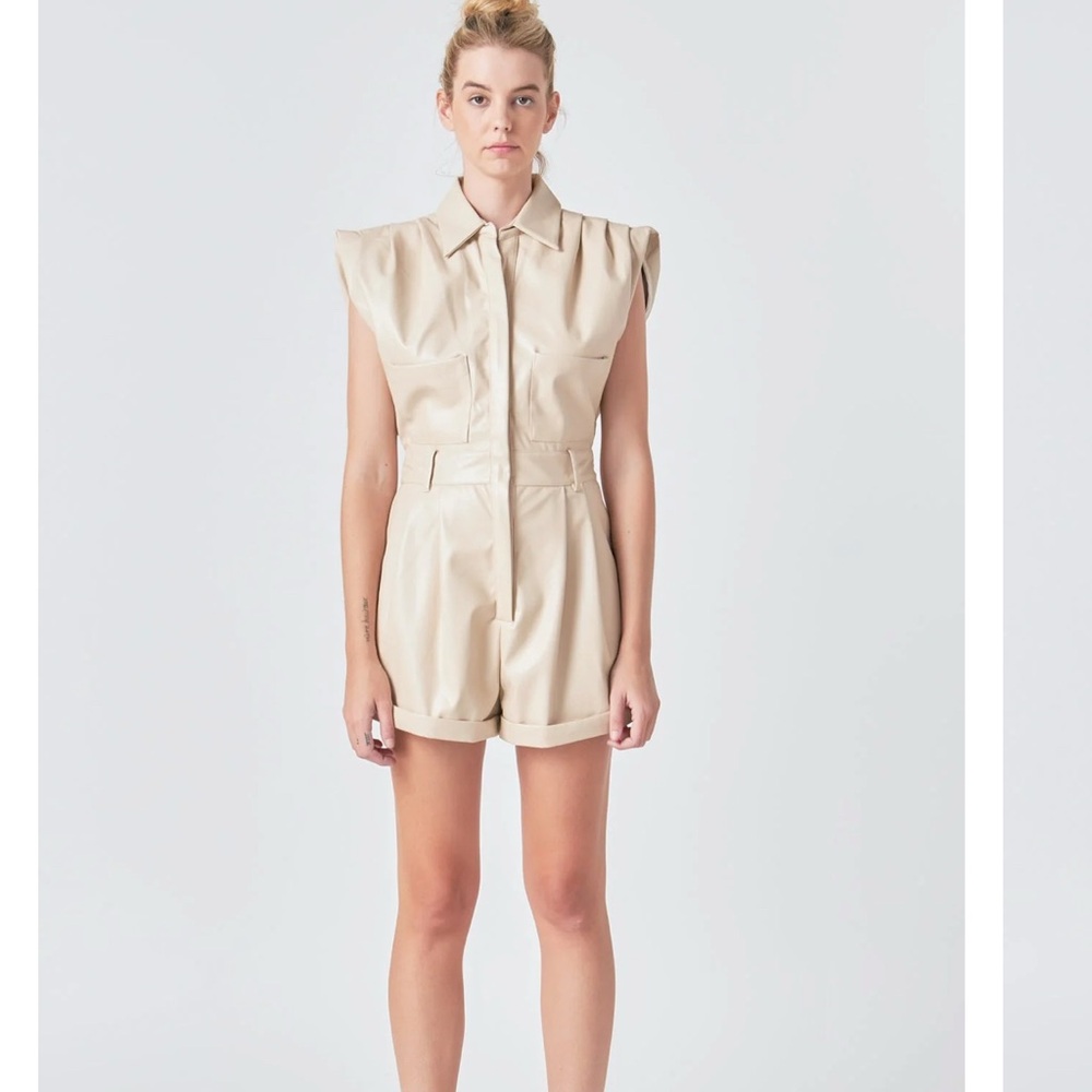 Beige Short Sleeve Leather Romper